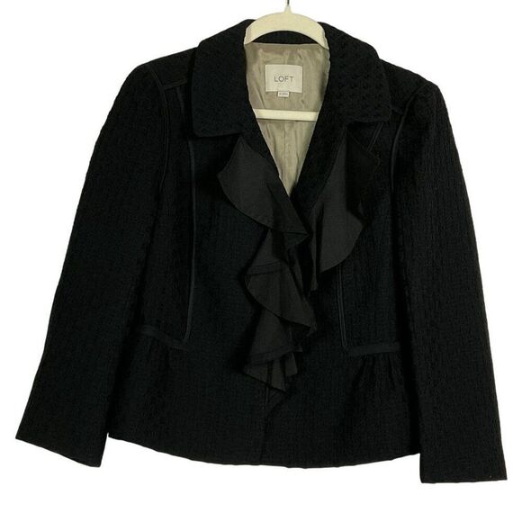 LOFT Women's Black Wool Blend Ruffle Front Jacket/Blazer, Size 10, Lined - Picture 4 of 11